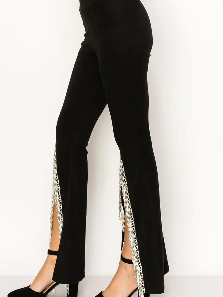 Rhinestone Fringe Suede Bell Bottom Pants