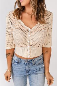 Beige Hollow Out Knitted Crop Top